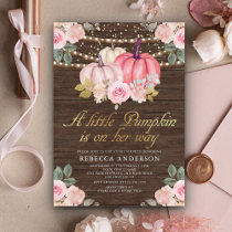 Little Pumpkin Pink Gold Floral Wood Baby Shower Invitation