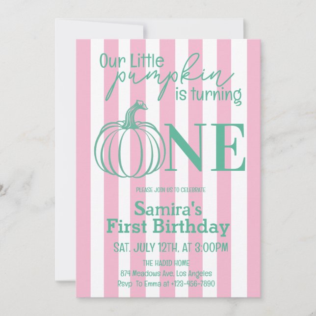 Little Pumpkin Pink Green Fall Autumn 1st Birthday Invitation (Front)