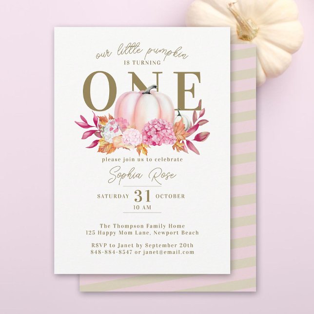 Little Pumpkin Pink Hydrangea 1st Elegant Birthday Invitation (our little pumpkin turning one girl birthday party invitation pink hydrangeas watercolor fall leaves)
