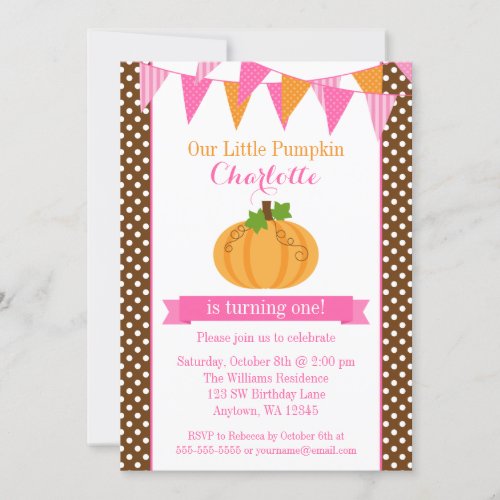 Little Pumpkin Pink Orange Bunting Girl Birthday Invitation