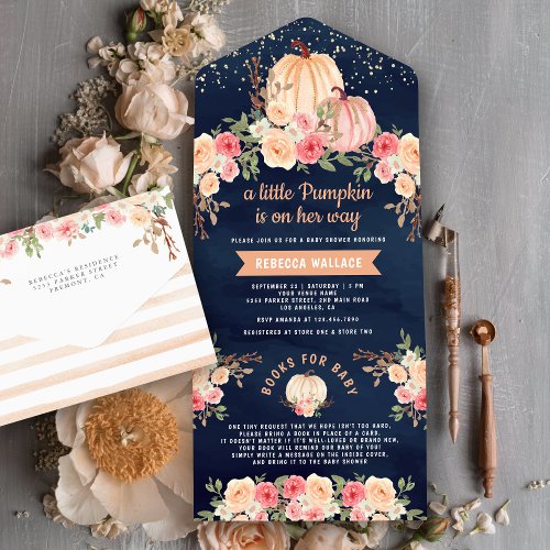 Little Pumpkin Pink Peach Floral Navy Baby Shower All In One Invitation