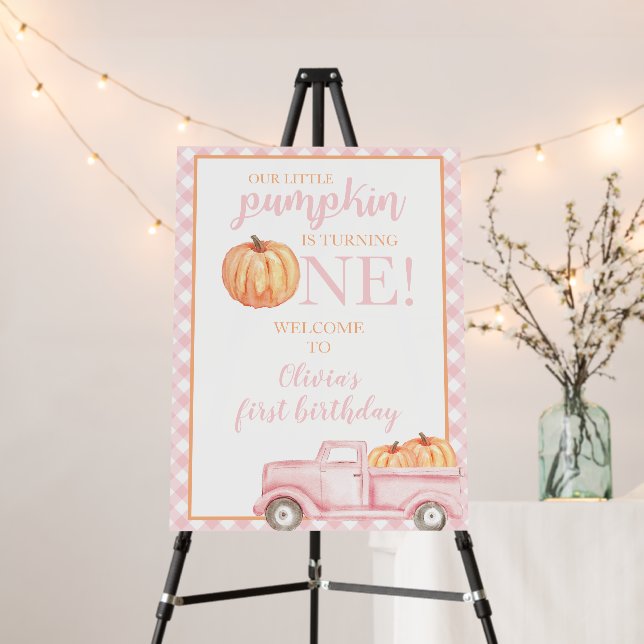 Little Pumpkin Pink Plaid Truck 1st Birthday Foam Board (In Situ (Stand))