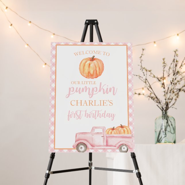 Little Pumpkin Pink Plaid Truck 1st Birthday Foam Board (In Situ (Stand))
