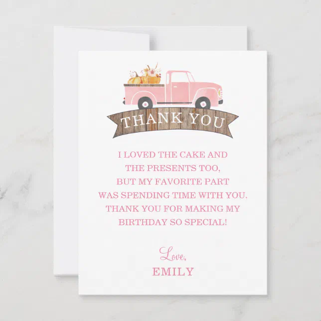 Little Pumpkin Pink Truck 1st Birthday Party Thank You Card | Zazzle