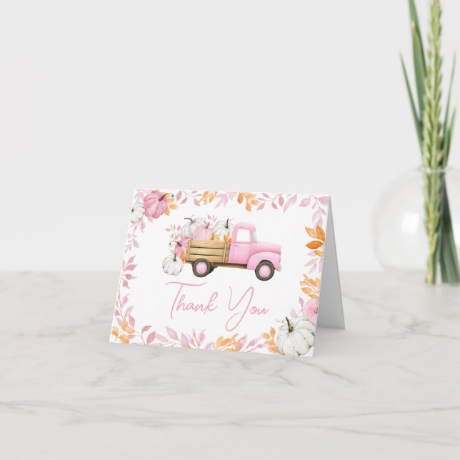 Little Pumpkin Pink Truck Fall Baby Shower Thank You Card (Front)