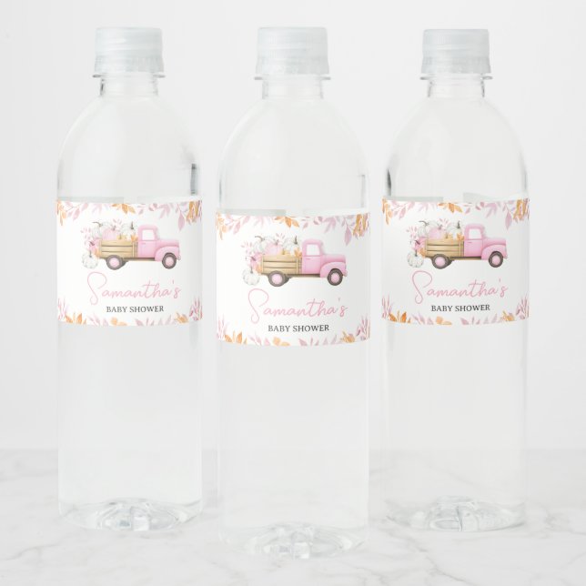 Little Pumpkin Pink Truck Fall Baby Shower Water Bottle Label (Bottles)