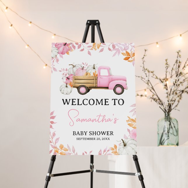 Little Pumpkin Pink Truck Fall Baby Welcome Sign (In Situ (Stand))