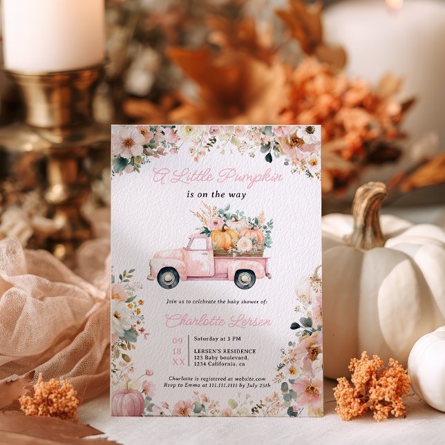 Little Pumpkin Pink Truck Fall Floral Baby Shower Invitation (Little Pumpkin Pink Truck Fall Floral Baby Shower Invitation)