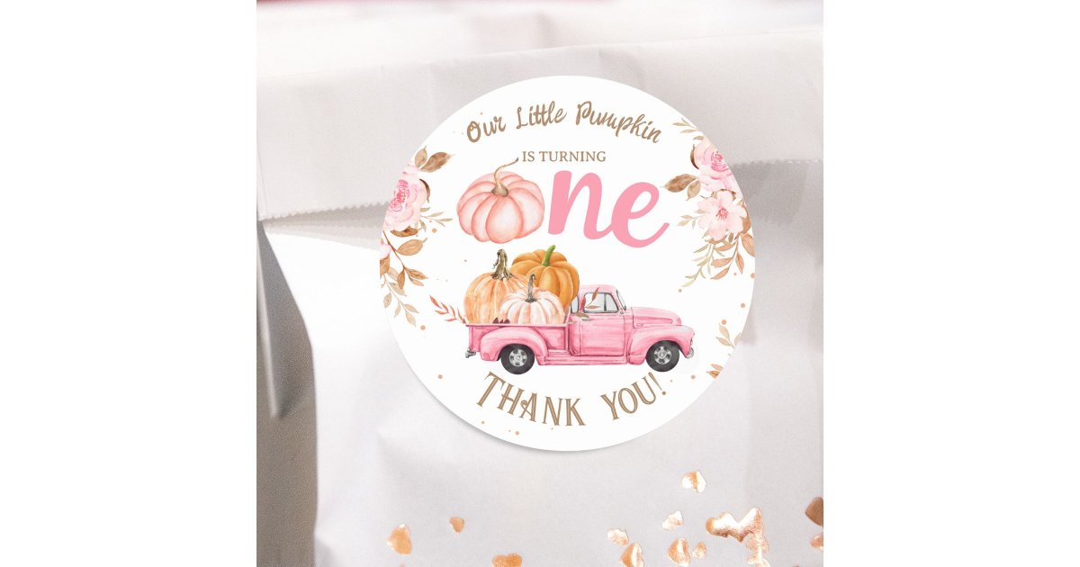 Little Pumpkin Pink Truck Girl Fall 1st Birthday Classic Round Sticker ...