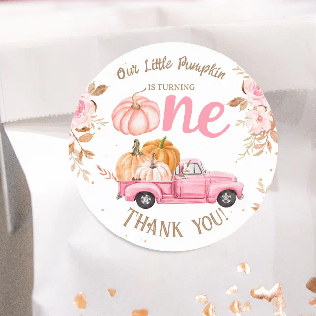 Little Pumpkin Pink Truck Girl Fall 1st Birthday Classic Round Sticker ...
