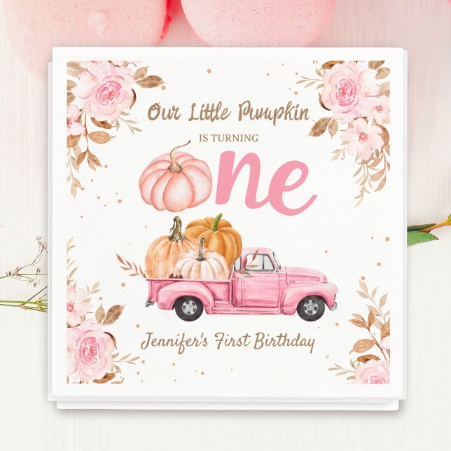 Little Pumpkin Pink Truck Girl Fall 1st Birthday Napkins (Creator Uploaded)