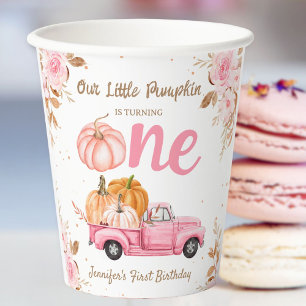 Little Pumpkin Pink Truck Girl Fall 1st Birthday Paper Cups