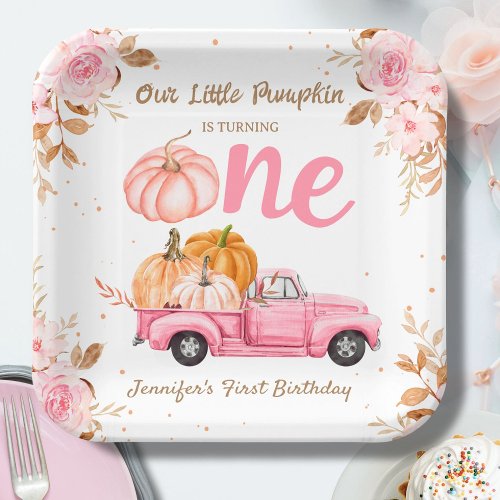 Little Pumpkin Pink Truck Girl Fall 1st Birthday Paper Plates