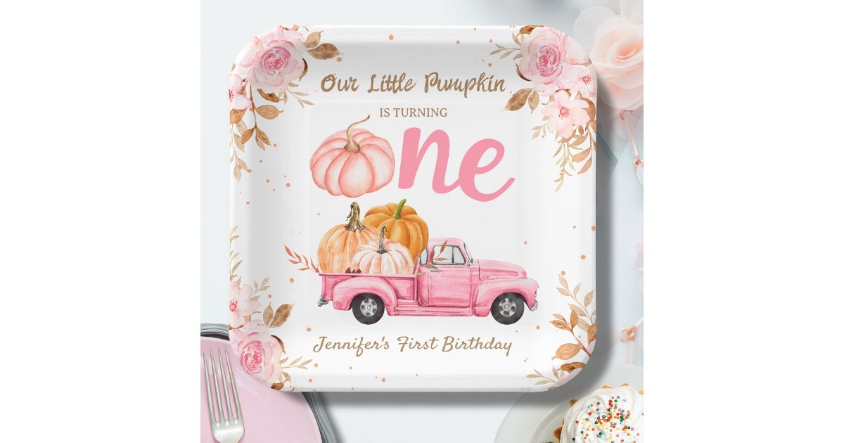 Little Pumpkin Pink Truck Girl Fall 1st Birthday Paper Plates | Zazzle