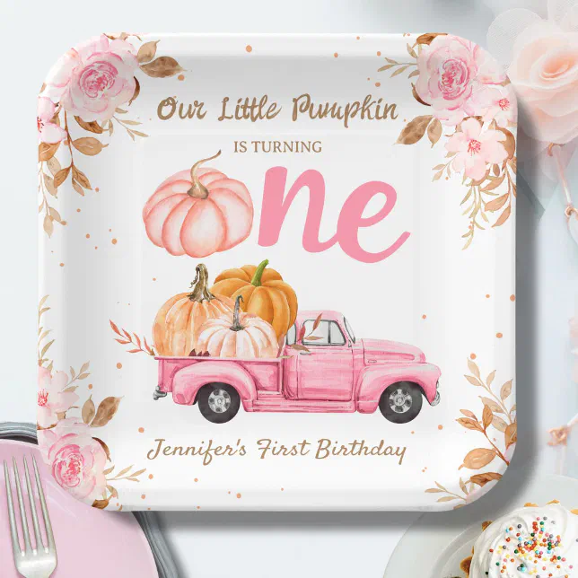 Little Pumpkin Pink Truck Girl Fall 1st Birthday Paper Plates | Zazzle