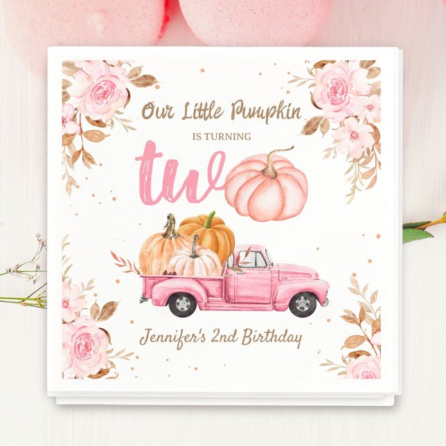 Little Pumpkin Pink Truck Girl Fall 2nd Birthday Napkins (Creator Uploaded)