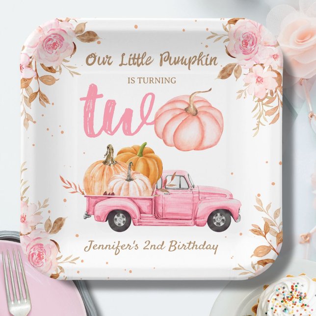 Little Pumpkin Pink Truck Girl Fall 2nd Birthday Paper Plates (Creator Uploaded)
