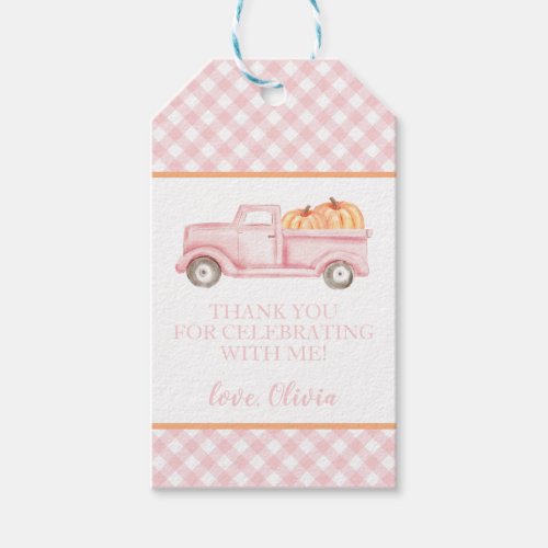 Little Pumpkin pink truck plaid first birthday Gif Gift Tags