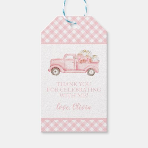 Little Pumpkin pink truck plaid first birthday Gift Tags