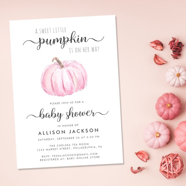 Little Pumpkin Pink Watercolor Baby Girl Shower Invitation