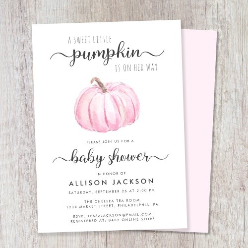 Little Pumpkin Pink Watercolor Baby Girl Shower Invitation