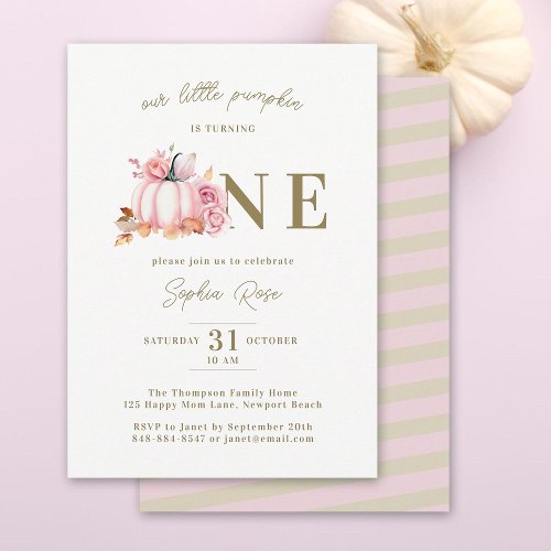 Little Pumpkin Pink Watercolor Roses 1st Birthday Invitation