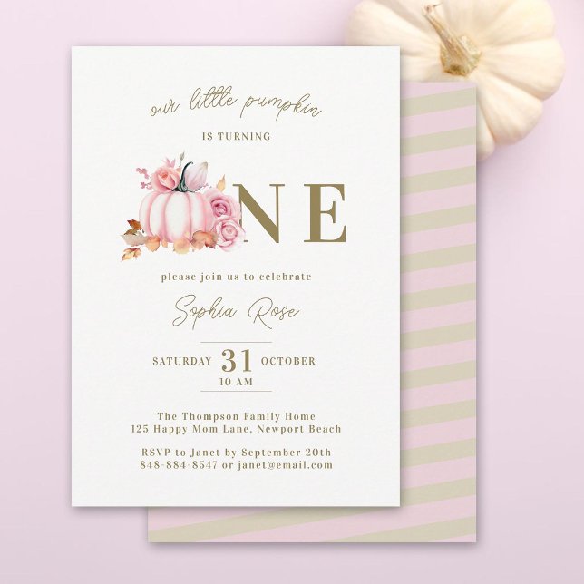 Little Pumpkin Pink Watercolor Roses 1st Birthday Invitation (our little pumpkin is turning one girl birthday invitation elegant calligraphy watercolor roses)