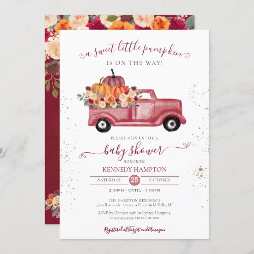 Little Pumpkin Red Fall Pickup Truck Baby Shower Invitation