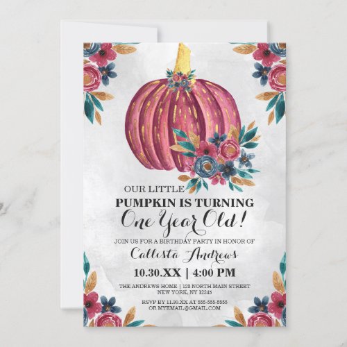 Little Pumpkin Red Floral Watercolor 1st Birthday Invitation