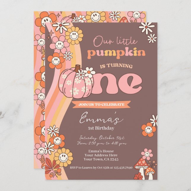 Little Pumpkin Retro 1st Birthday Invitation (Front/Back)