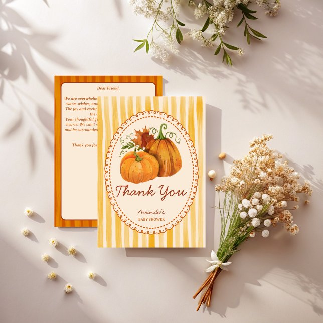 Little pumpkin retro baby shower thank you cards (Little pumpkin retro stripes fall baby shower thank you cards template)