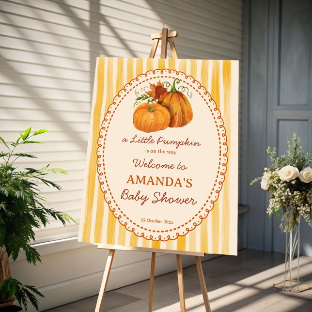 Little pumpkin retro fall baby shower welcome sign (Little pumpkin retro yellow stripes fall baby shower personalized welcome sign board)