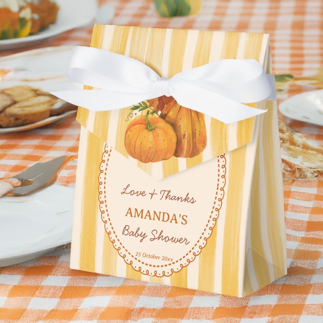 Little pumpkin retro stripes baby shower monogram favor boxes (Little pumpkin retro stripes fall baby shower monogrammed favor boxes personalized favors)