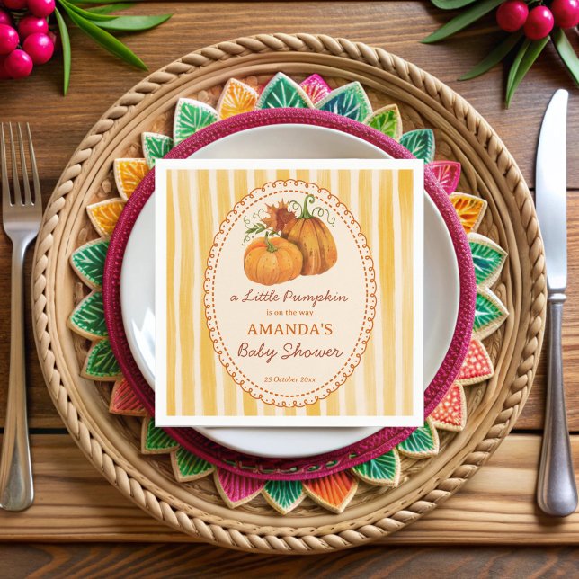 Little pumpkin retro stripes baby shower monogram napkins (Little pumpkin retro yellow stripes fall baby shower monogrammed printed  napkins)