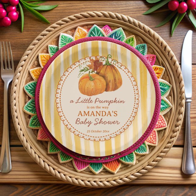 Little pumpkin retro stripes baby shower monogram paper plates (Little pumpkin retro yellow stripes fall baby shower monogrammed paper plates personalized decor)