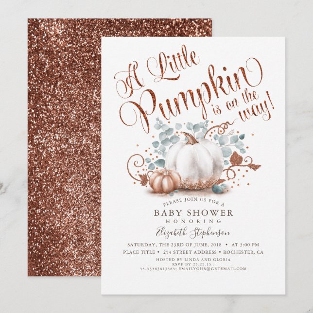 Little Pumpkin Rose Gold Glitters Fall Baby Shower Invitation (Front/Back)