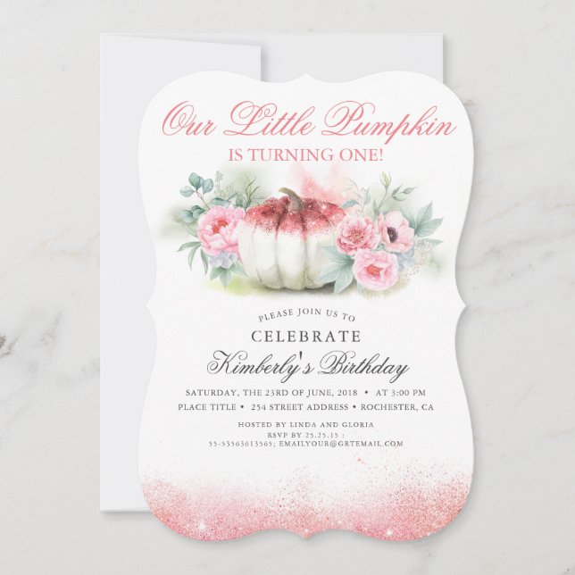 Little Pumpkin Rose Gold Glitters Fall Birthday Invitation (Front)
