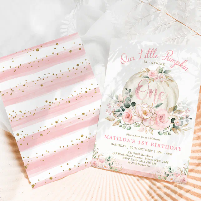 Little Pumpkin Rose Gold Pink Floral 1st Birthday Invitation | Zazzle