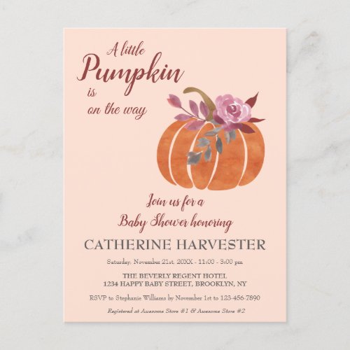 Little Pumpkin Rustic Autumn Baby Shower  Invitati Postcard