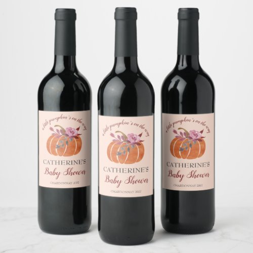 Little Pumpkin Rustic Autumn Floral Baby Shower   Wine Label