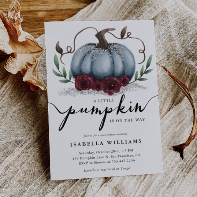 Little Pumpkin Rustic Blue Silver Baby Shower Invitation (Creator Uploaded)