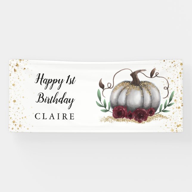 Little Pumpkin Rustic Burgundy Gold Birthday Party Banner (Horizontal)