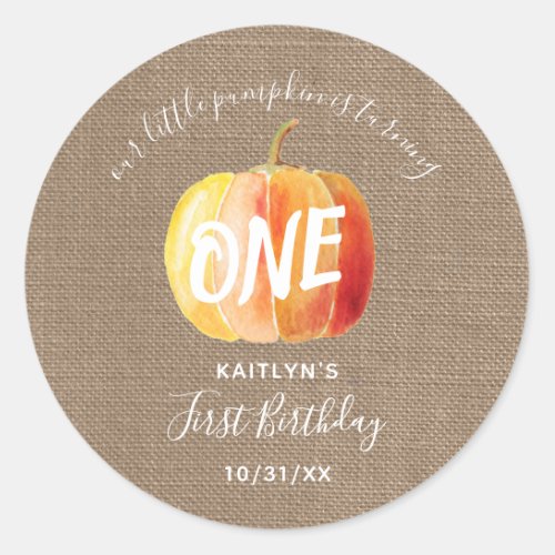 Little Pumpkin Rustic Burlap 1st Birthday Classic Round Sticker