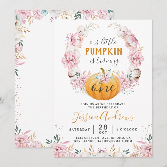 Little Pumpkin Rustic Cotton Floral First Birthday Invitation (Front/Back)