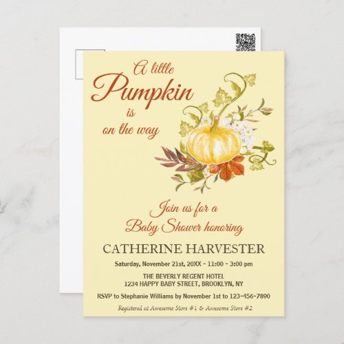 Little Pumpkin Rustic Fall Baby Shower Invitation Postcard