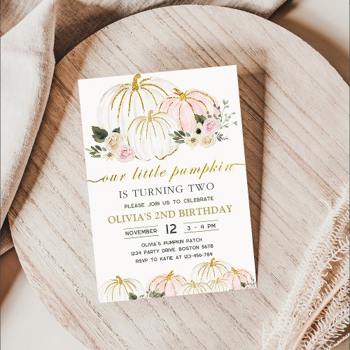 Little Pumpkin Rustic Floral 2nd Birthday Party  Invitation