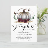 Little Pumpkin Rustic White Gold Baby Shower Invitation (Standing Front)