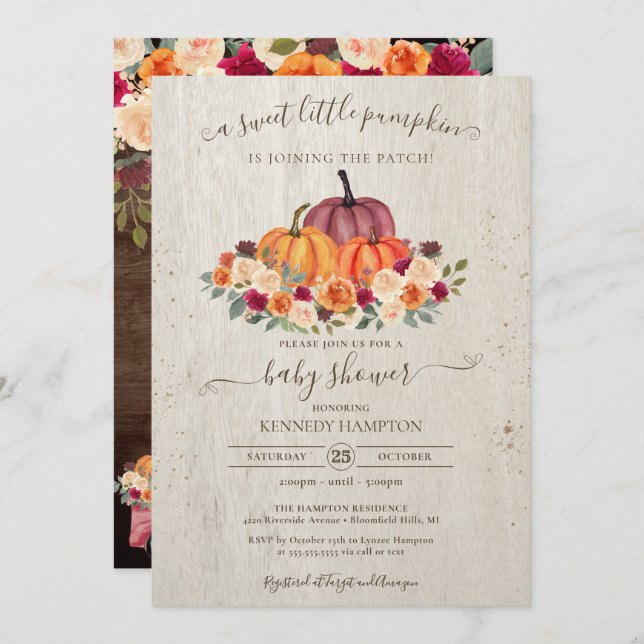 Little Pumpkin Rustic Wood Autumn Baby Shower Invitation (Front/Back)