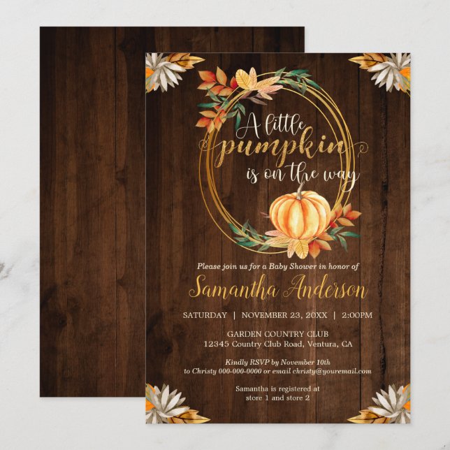 Little Pumpkin Rustic Wood Baby Shower Fall Leaves Invitation (Front/Back)