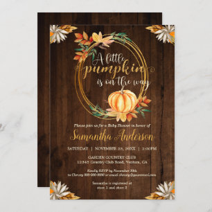 Little Pumpkin Rustic Wood Baby Shower Fall Leaves Invitation
